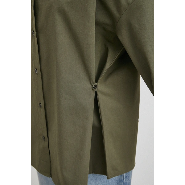 Düğme Detaylı Pamuklu Gömlek Haki