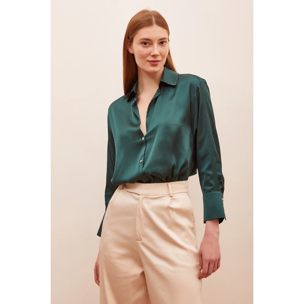 Basic Saten Gömlek Koyu Yeşil