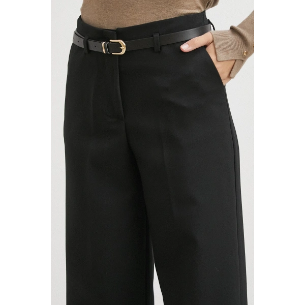 Yüksek Bel Paça Detaylı Kemerli Pantolon Siyah
