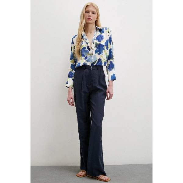 Çok Renkli Çiçek Desenli Gömlek Mavi