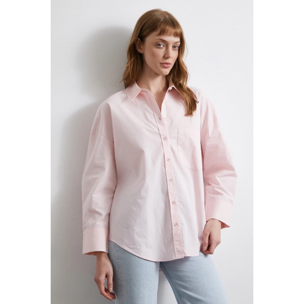 Oversize Pamuklu Gömlek Pembe