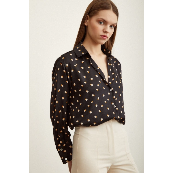 Puantiye Desenli Saten Gömlek Siyah