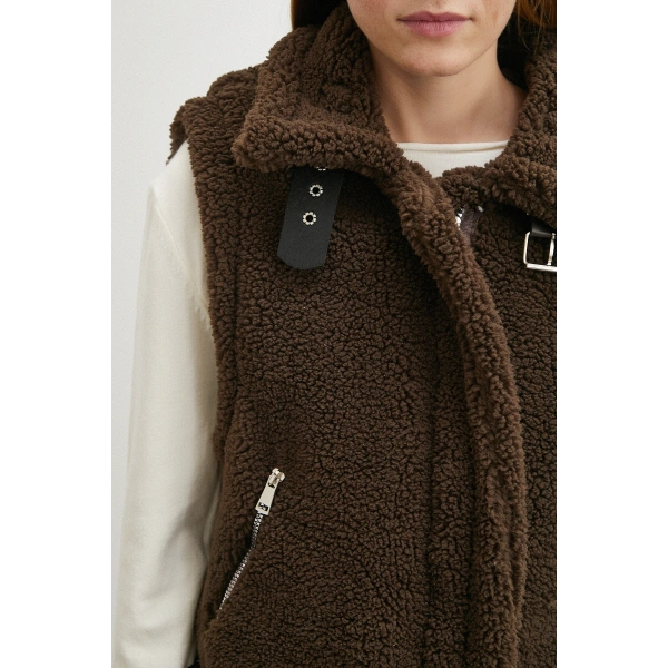 Yaka Detaylı Yumoş Yelek Kahve