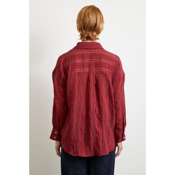 Organze Çizgili Gömlek Bordo