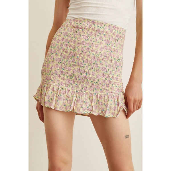 Çiçek Desen Gipeli Mini Etek Sarı