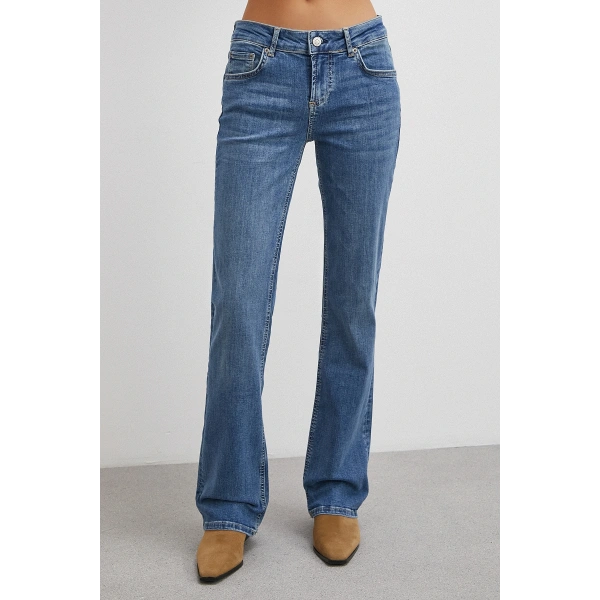 Orta  Bel Likralı İspanyol Paça Jean Mavi