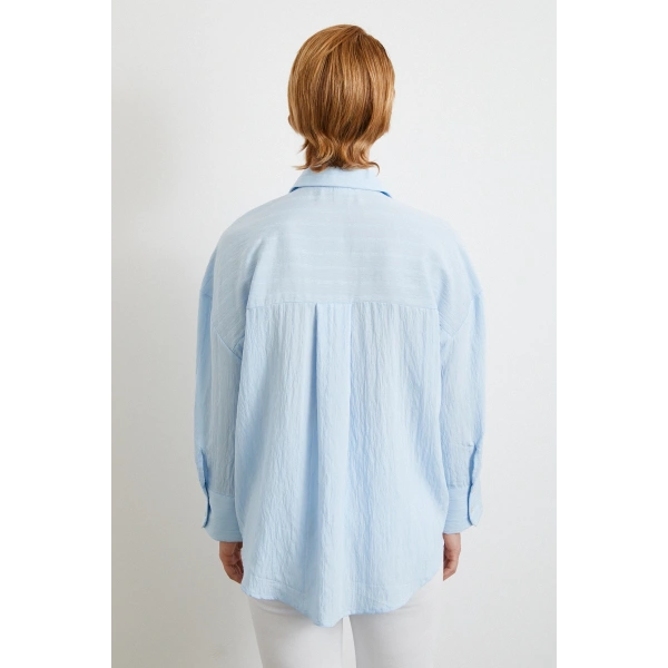 Kabartma Çizgili Oversize Gömlek Mavi