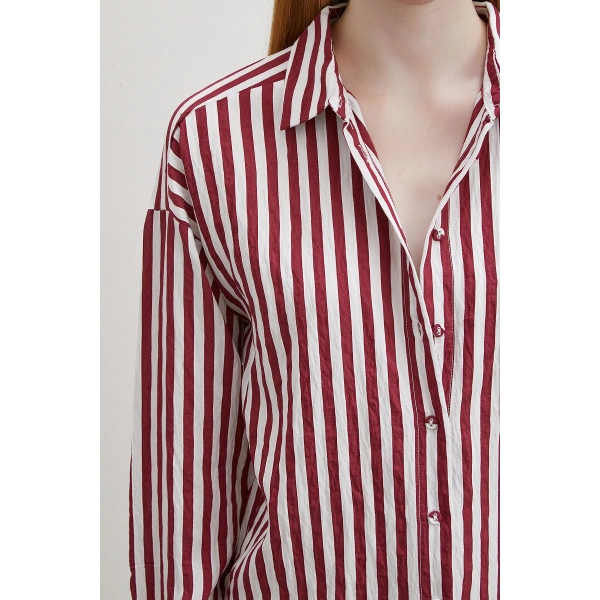 Multi Çizgili Cepli Gömlek Bordo