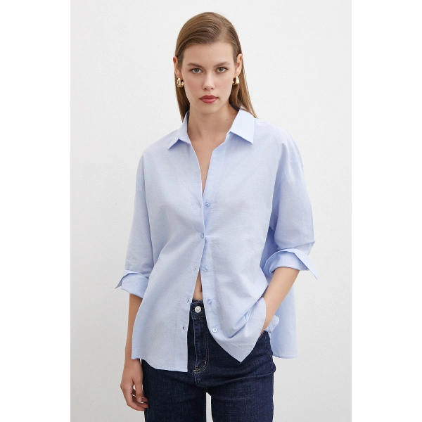 Yırtmaçlı Fakir Kol Gömlek Mavi