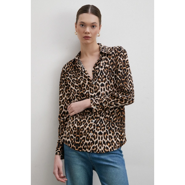 Leopar Desenli Viskon Gömlek Siyah