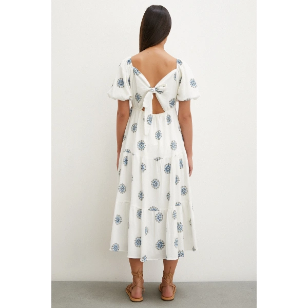 Sırtı Fiyonklu Keten Elbise Mavi