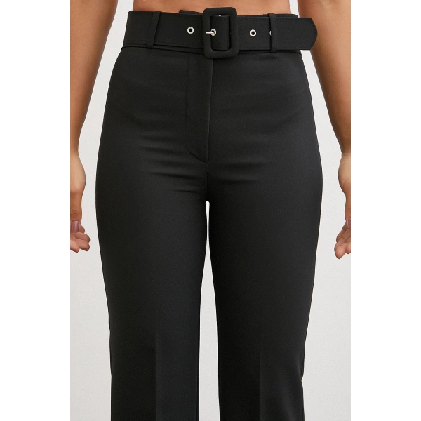 Kemerli İspanyol Paça Pantolon Siyah