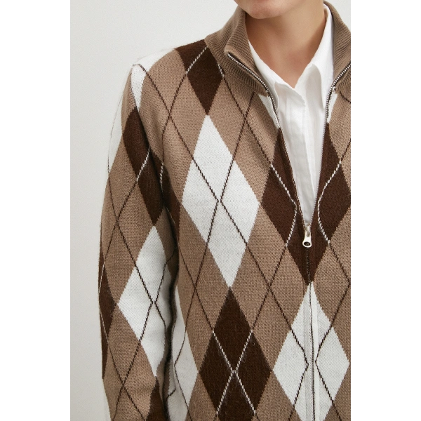 Fermuarlı Baklava Desen Kazak Kahve