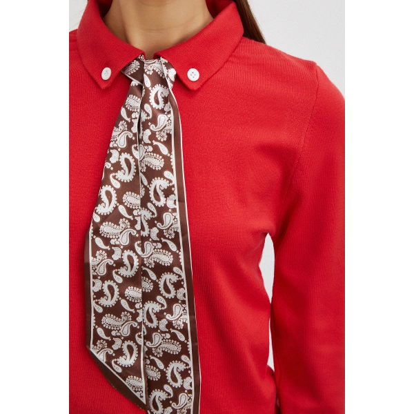 Fularlı Polo Yaka Kazak Kırmızı