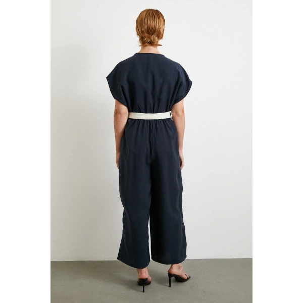 Kemer Detaylı Yarasa Kol Tulum Lacivert