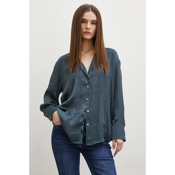 Kraşlı Saten Gömlek Petrol