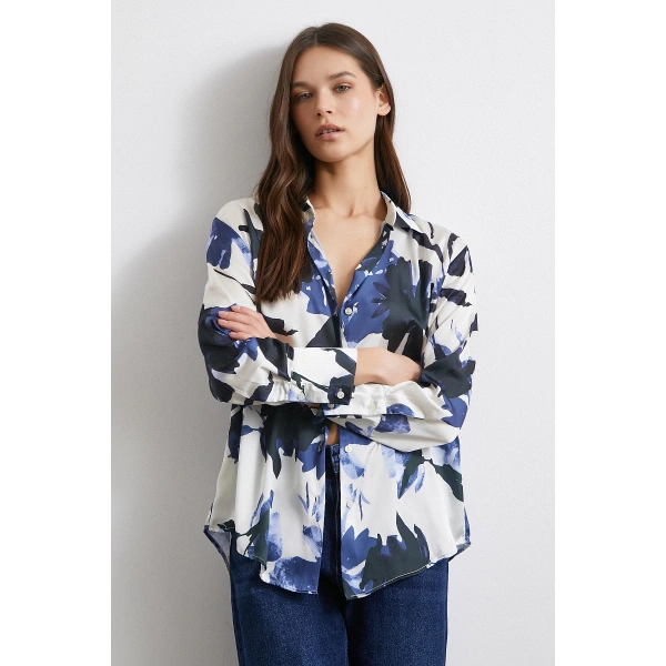 Saten Yüzeyli Desenli Gömlek Lacivert