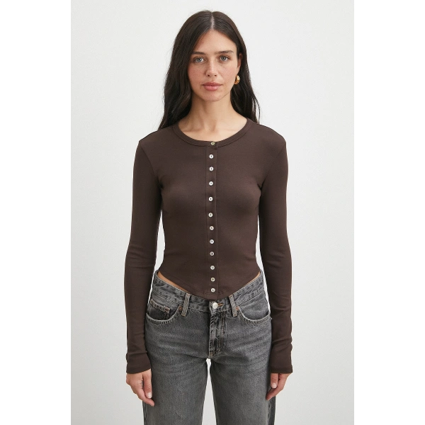 Düğmeli Uzun Kol Bluz Kahve