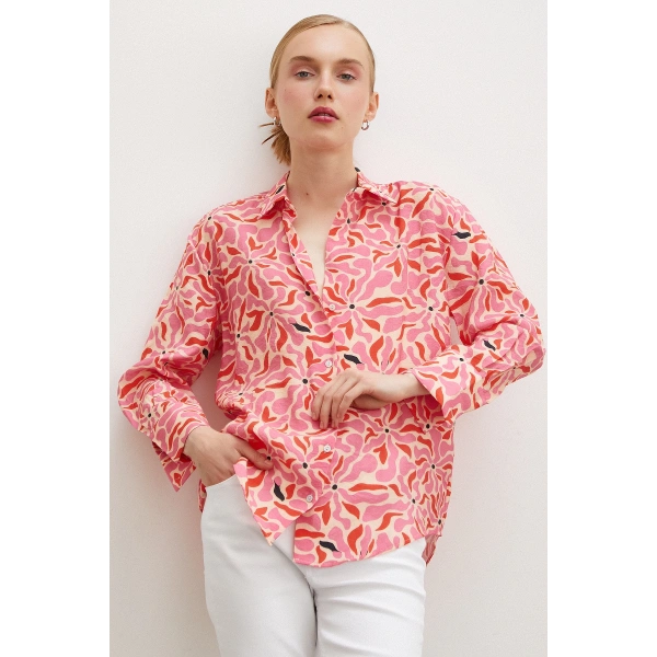 Çiçek Desen V Yaka Modal Gömlek Fuşya