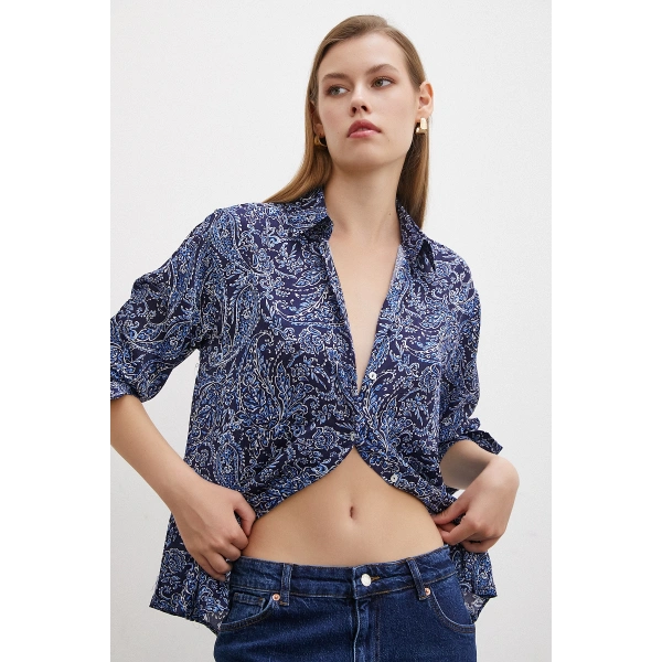 Şal Desenli Saten Gömlek Lacivert