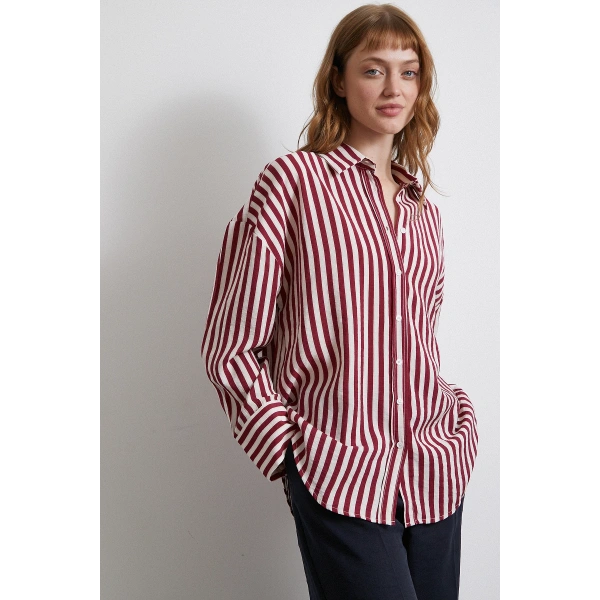 Çizgili T Kol Gömlek Bordo