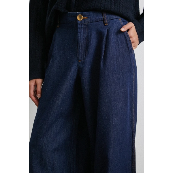 Yüksek Bel Geniş Paça Jean Lacivert
