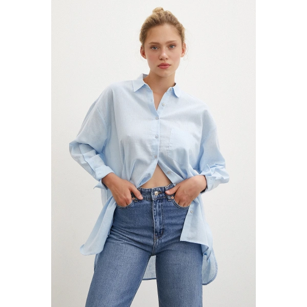 Midi Boy Keten Gömlek Mavi