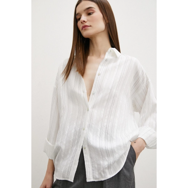 Dokulu Çizgili Gömlek Krem