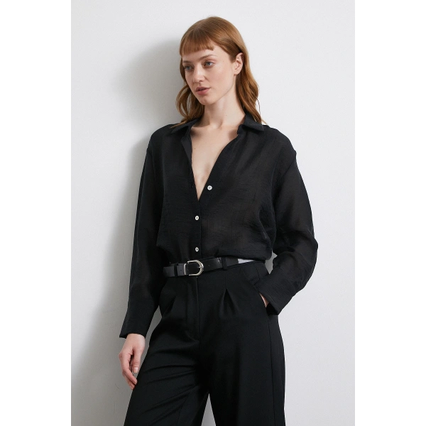 Transparan Saten Gömlek Siyah