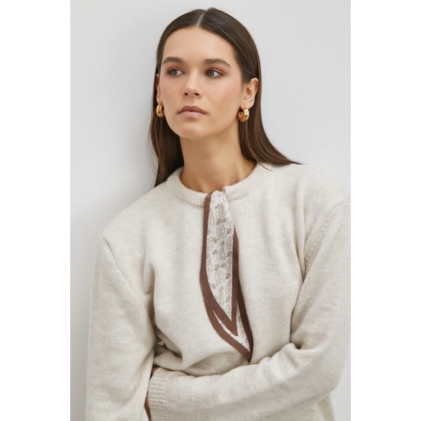 Fularlı Uzun Kollu Kazak Ekru