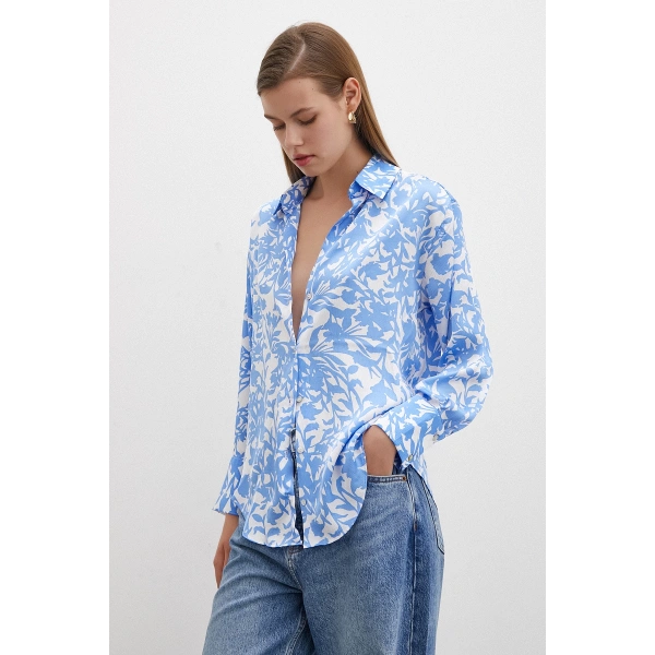 Desenli Gofret Saten Gömlek Açık Mavi
