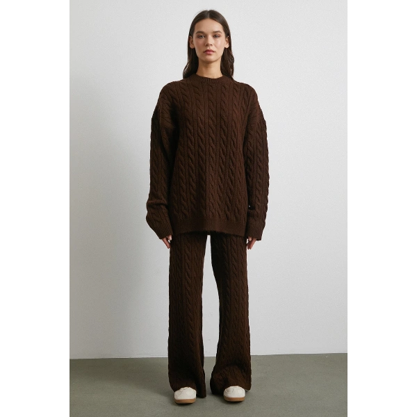 Desenli Şardonlu Triko Takım Kahve