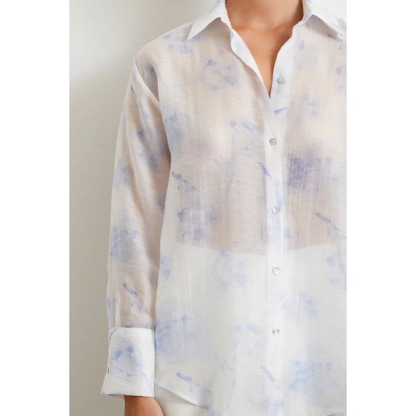 Organze Desenli Tül Gömlek Mavi