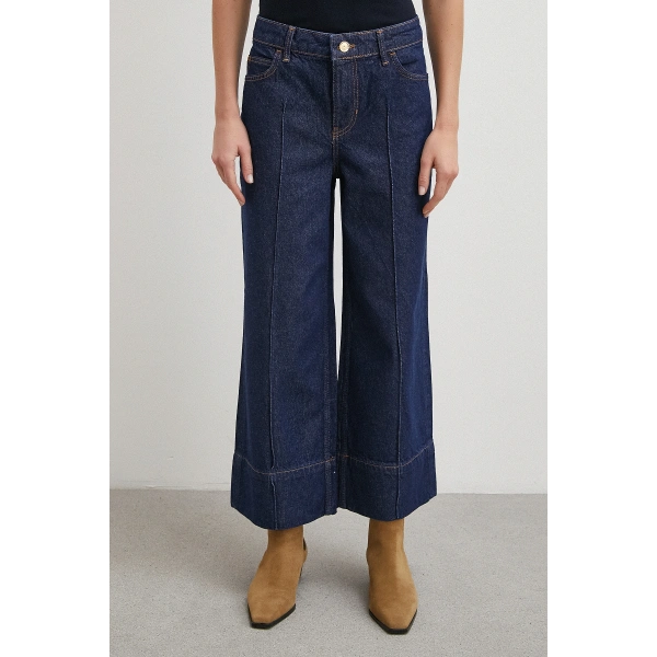 Yüksek Bel Paça Detaylı Jean Lacivert