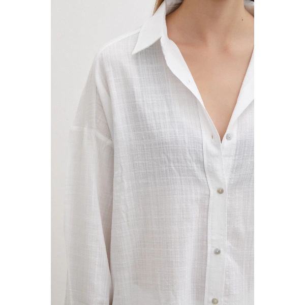 Oversize Keten Gömlek Beyaz