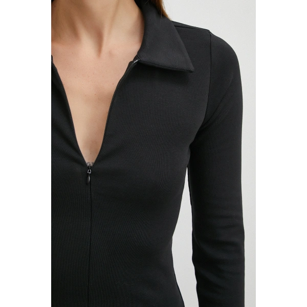 Yakalı Çift Fermuarlı Bluz Siyah