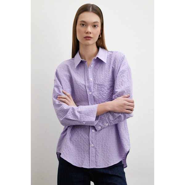 Gofre Kareli Gömlek Mor