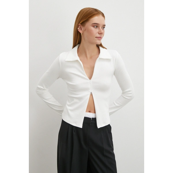 Yakalı Çift Fermuarlı Bluz Beyaz