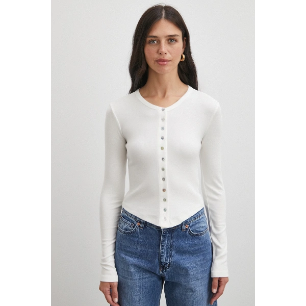 Düğmeli Uzun Kol Bluz Beyaz