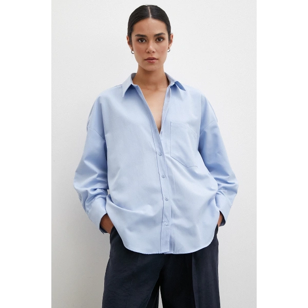 Puantiyeli Oversize Gömlek Mavi