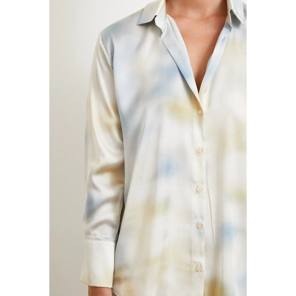 Ebruli Desen Saten GömleK Buz Mavisi