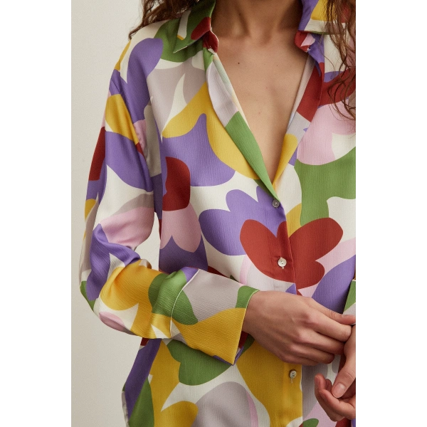 Desenli Saten Gömlek Lila