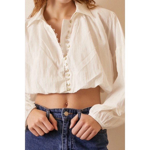 Balon Crop Gömlek Beyaz