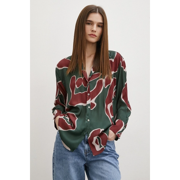 Baskılı Saten Gömlek Mor