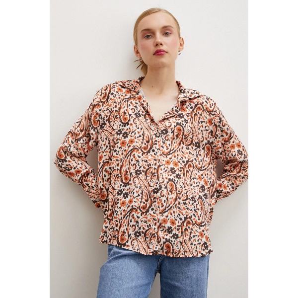 Desenli Gofret Saten Gömlek Oranj
