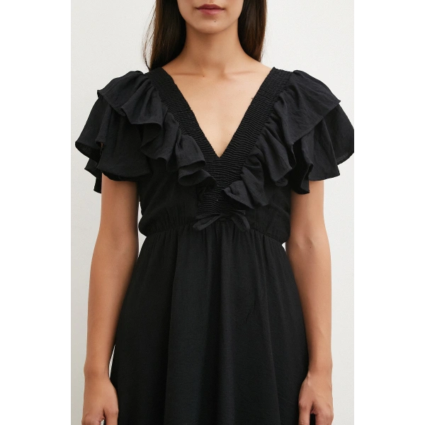 Fırfır Detaylı V Yaka  Gipeli Keten Elbise Siyah