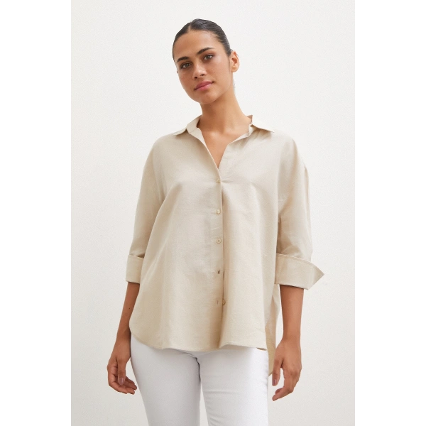 Yırtmaçlı Fakir Kol Gömlek Bej