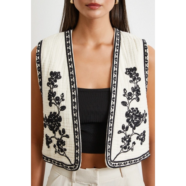 Nakış Oversize Yelek Krem