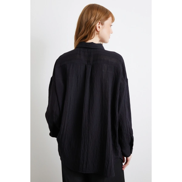 Dantel Detaylı Transparan Pamuklu Gömlek Siyah