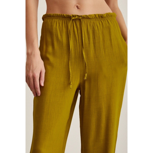 Beli Lastikli Biyeli Yüksek Bel Pantolon Yağ Yeşili